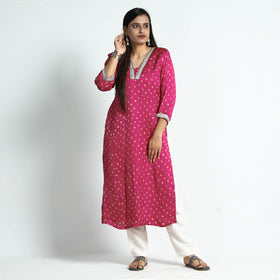 Pink - bandhani tie-dye modal silk straight kurta