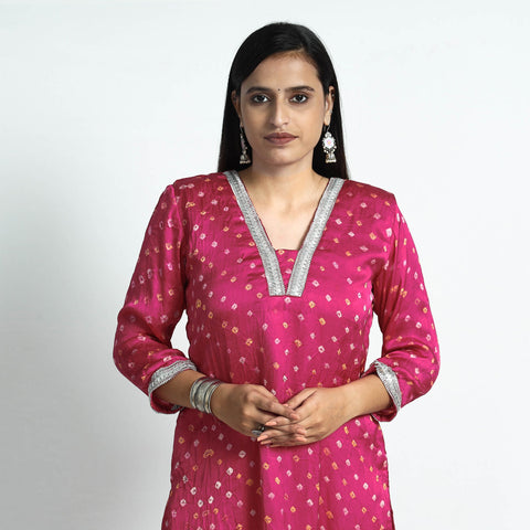Pink - bandhani tie-dye modal silk straight kurta