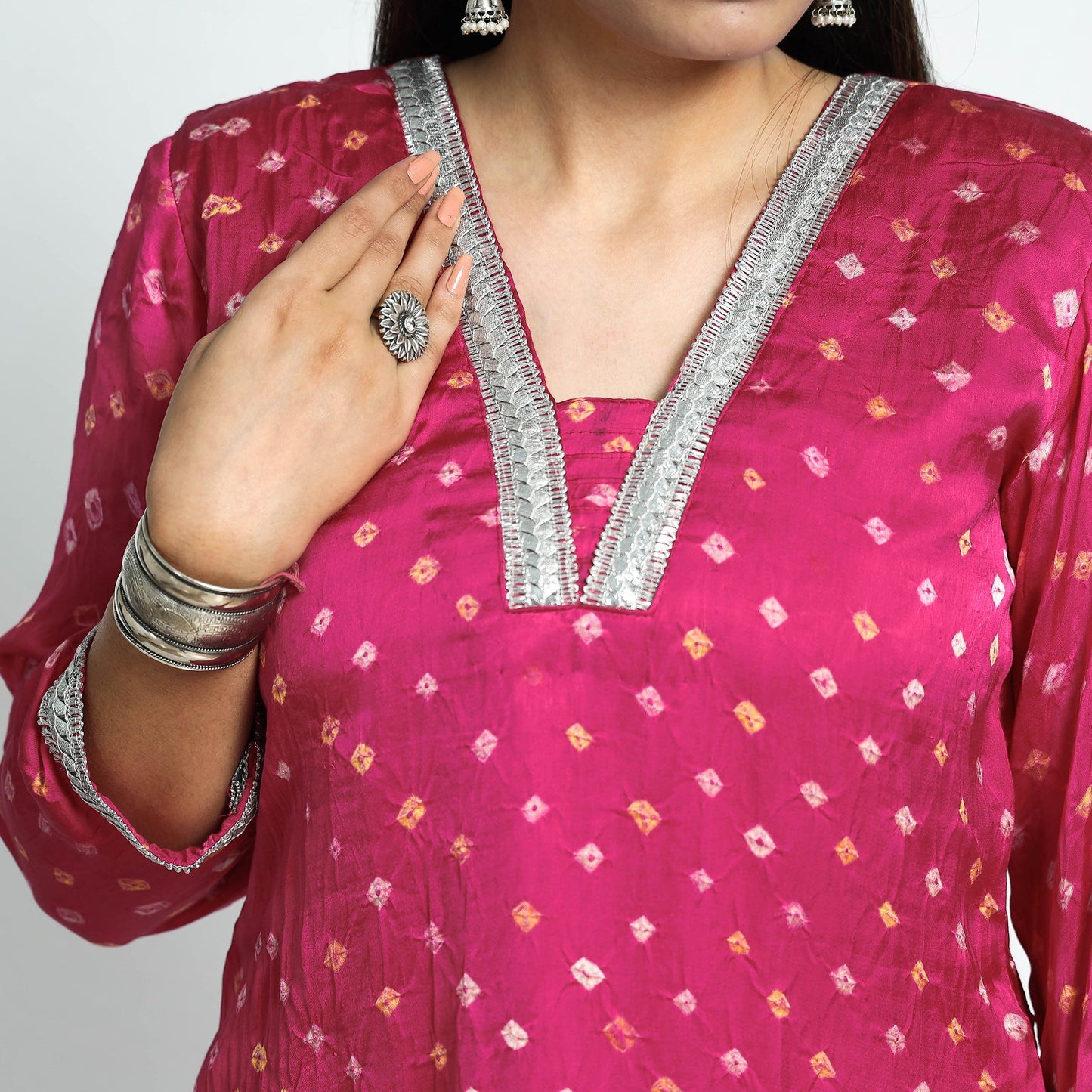 Pink - bandhani tie-dye modal silk straight kurta
