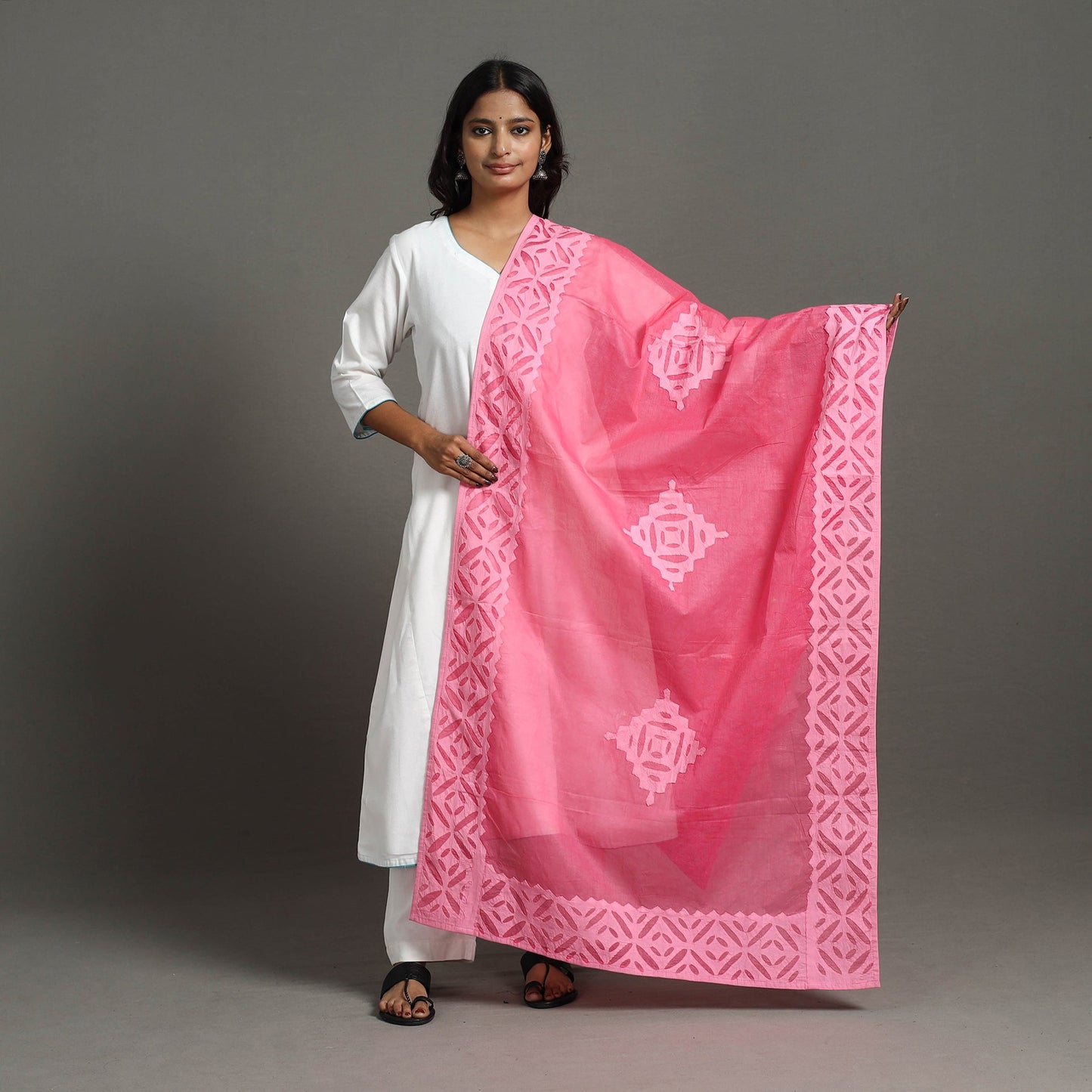 Pink - barmer cutwork cotton applique dupatta 31