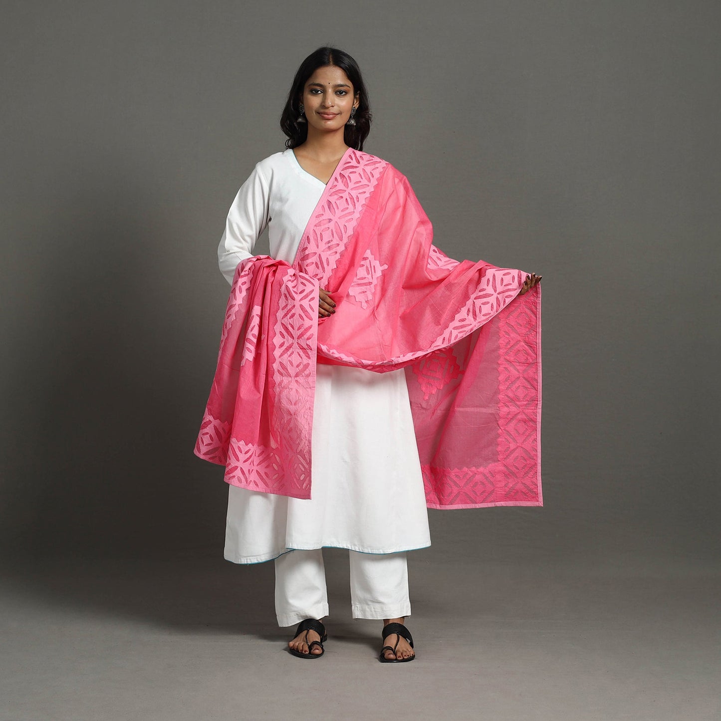 Pink - barmer cutwork cotton applique dupatta 31