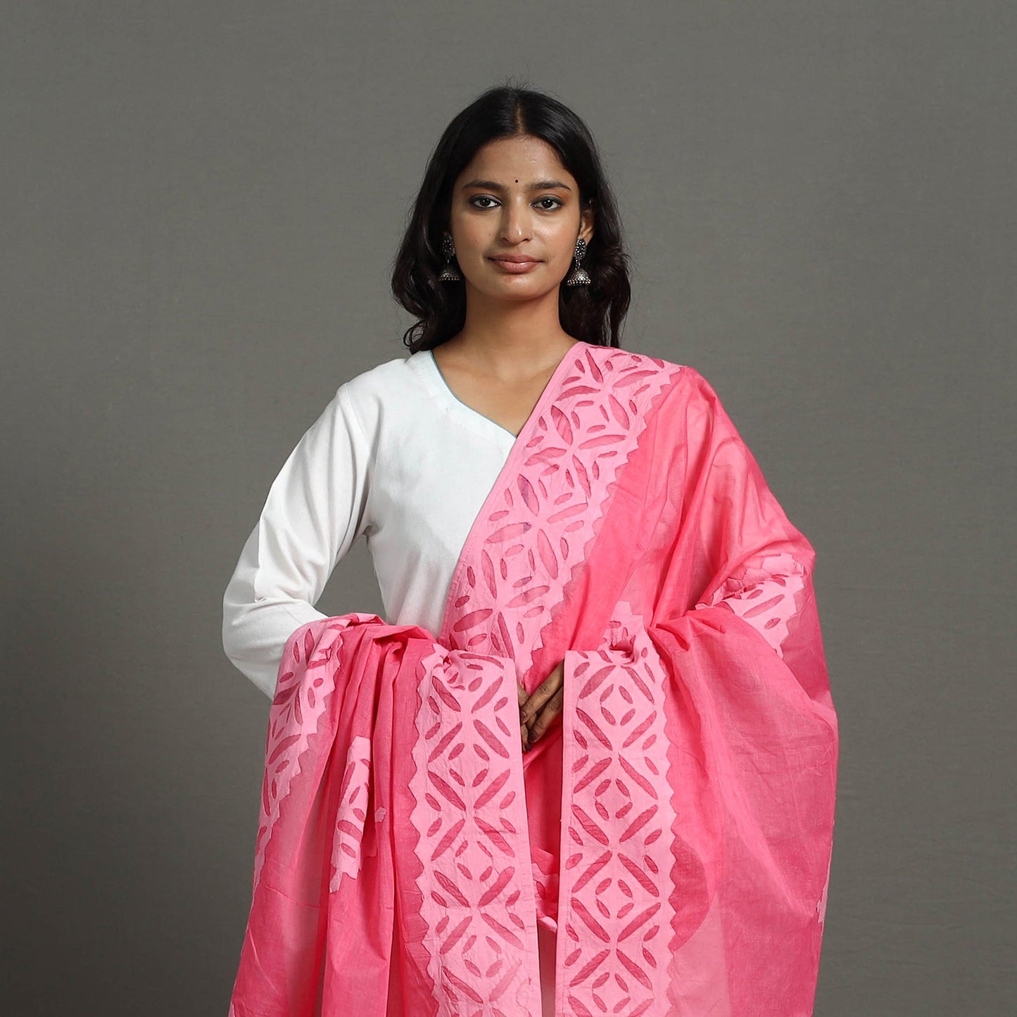 Pink - barmer cutwork cotton applique dupatta 31