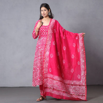Pink - Batik Printing Chanderi Silk Kurta Suit Sets