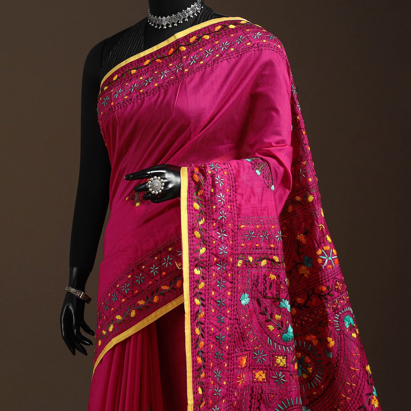 Bengal chanderi silk hand embroidered saree 09 - handcrafted