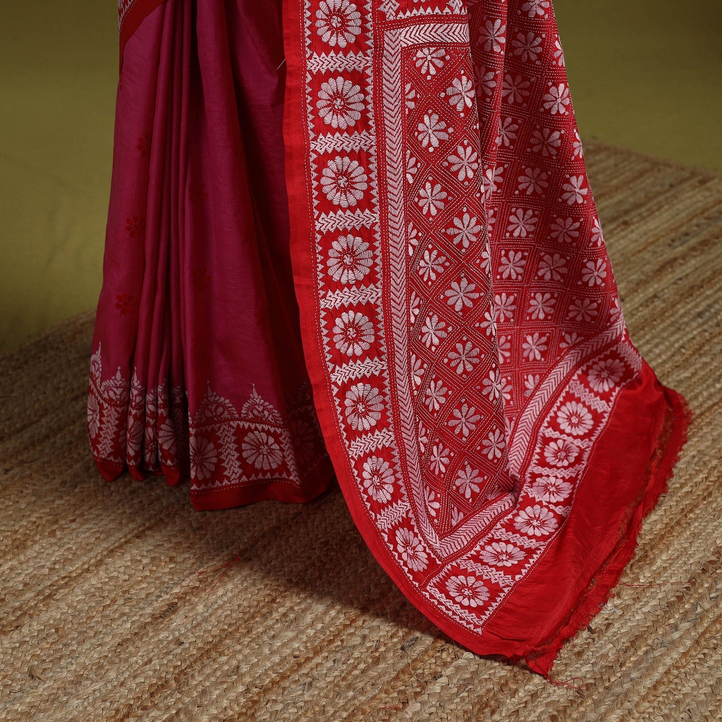 Bengal hand embroidery bangalore silk handloom kantha saree