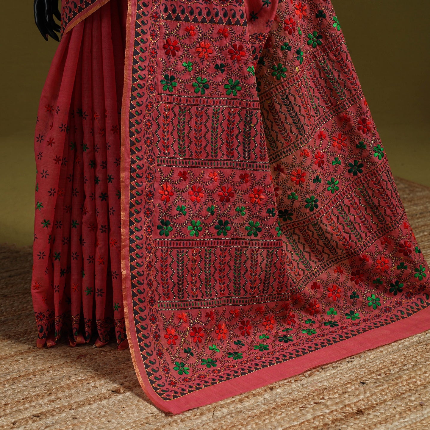 Bengal hand embroidery silk cotton kantha saree 07