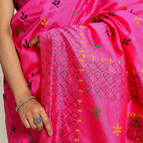  Buy Pink Bengal Hand Embroidery Silk Nakshi Kantha Saree
