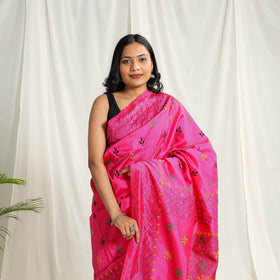  Buy Pink Bengal Hand Embroidery Silk Nakshi Kantha Saree