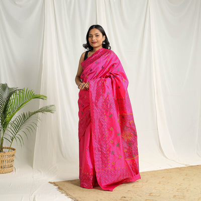  Buy Pink Bengal Hand Embroidery Silk Nakshi Kantha Saree