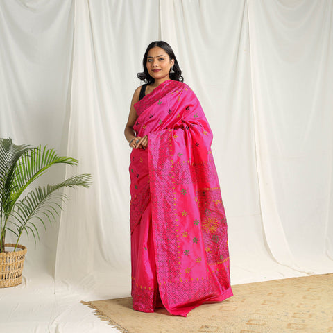  Buy Pink Bengal Hand Embroidery Silk Nakshi Kantha Saree