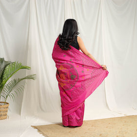  Buy Pink Bengal Hand Embroidery Silk Nakshi Kantha Saree