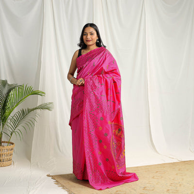  Buy Pink Bengal Hand Embroidery Silk Nakshi Kantha Saree