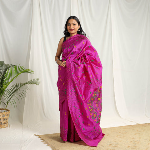  Buy Pink Bengal Hand Embroidery Silk Nakshi Kantha Saree