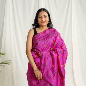  Buy Pink Bengal Hand Embroidery Silk Nakshi Kantha Saree