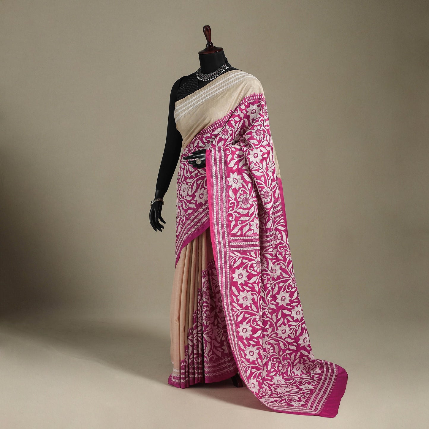 Pink - bengal hand embroidery tussar silk handloom kantha