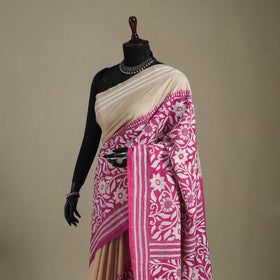 Pink - bengal hand embroidery tussar silk handloom kantha