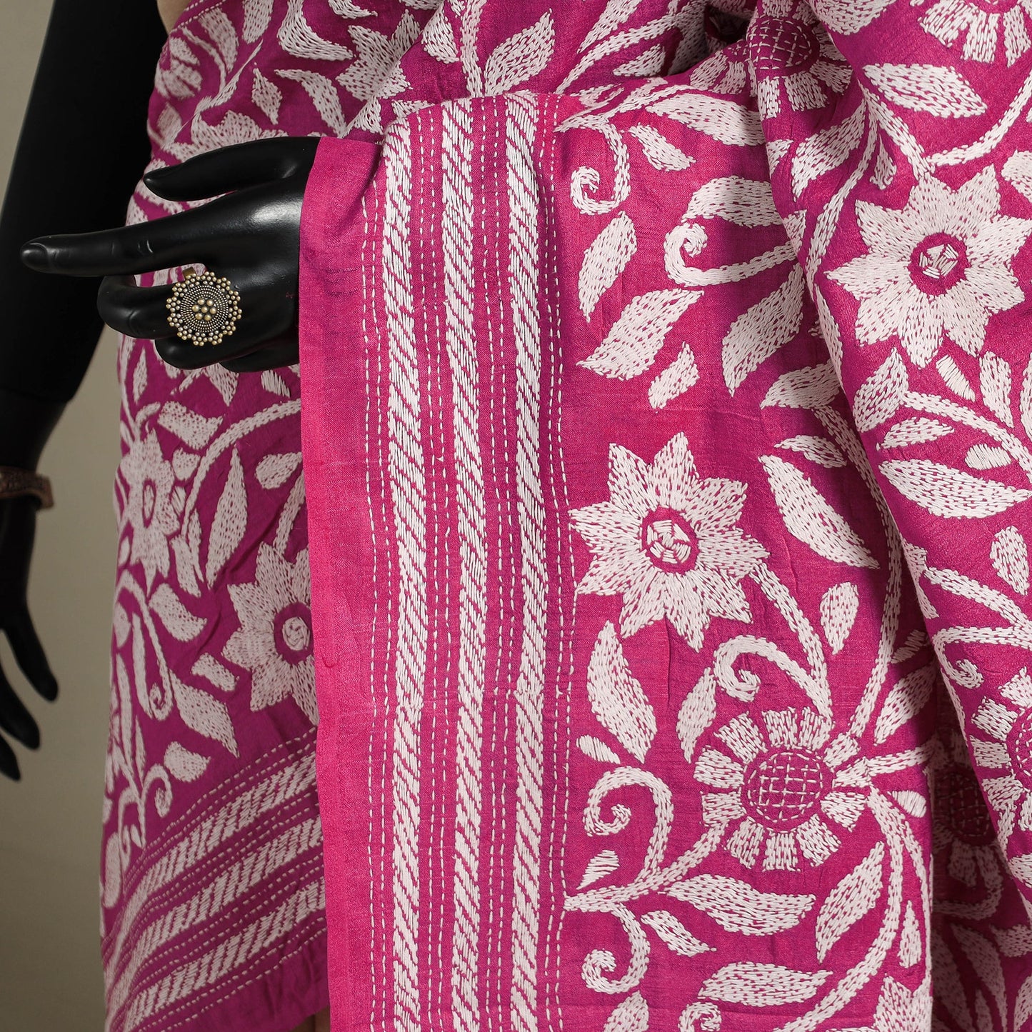 Pink - bengal hand embroidery tussar silk handloom kantha