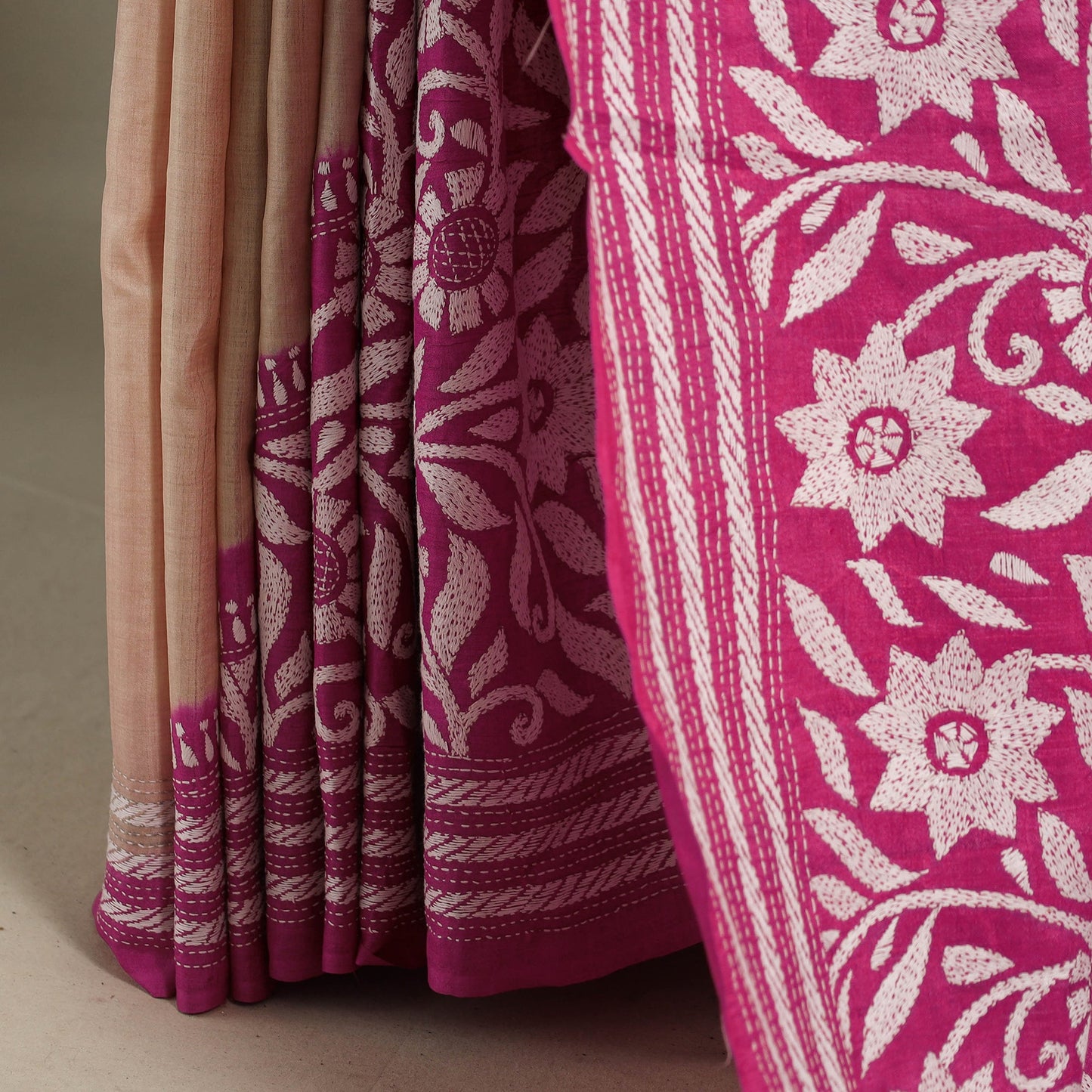Pink - bengal hand embroidery tussar silk handloom kantha