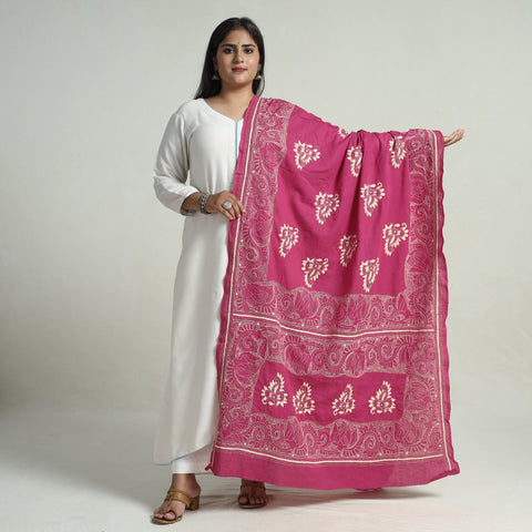 Pink - Bengal Kantha Embroidery Cotton Handloom Dupatta 125