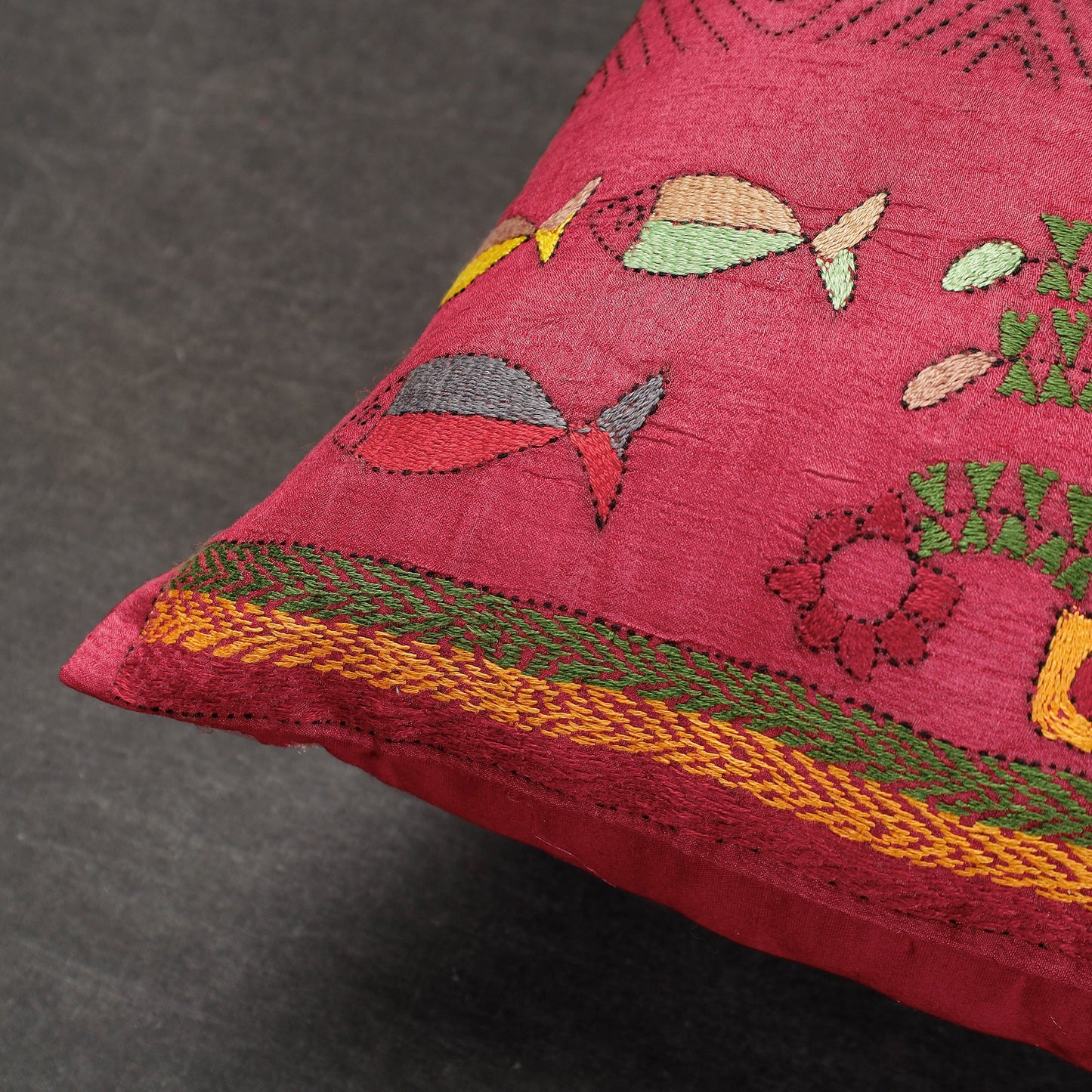  Bengal Kantha Embroidery Mulberry Tussar Silk Cushion Cover 