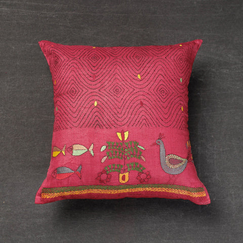 Bengal Kantha Embroidery Mulberry Tussar Silk Cushion Cover 