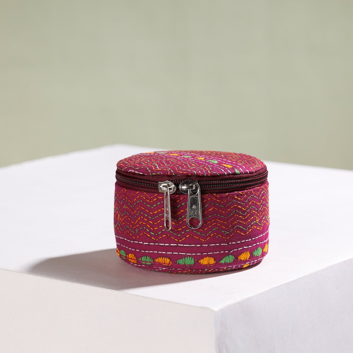  Bengal Kantha Work Handcrafted Round Pink Utility Box