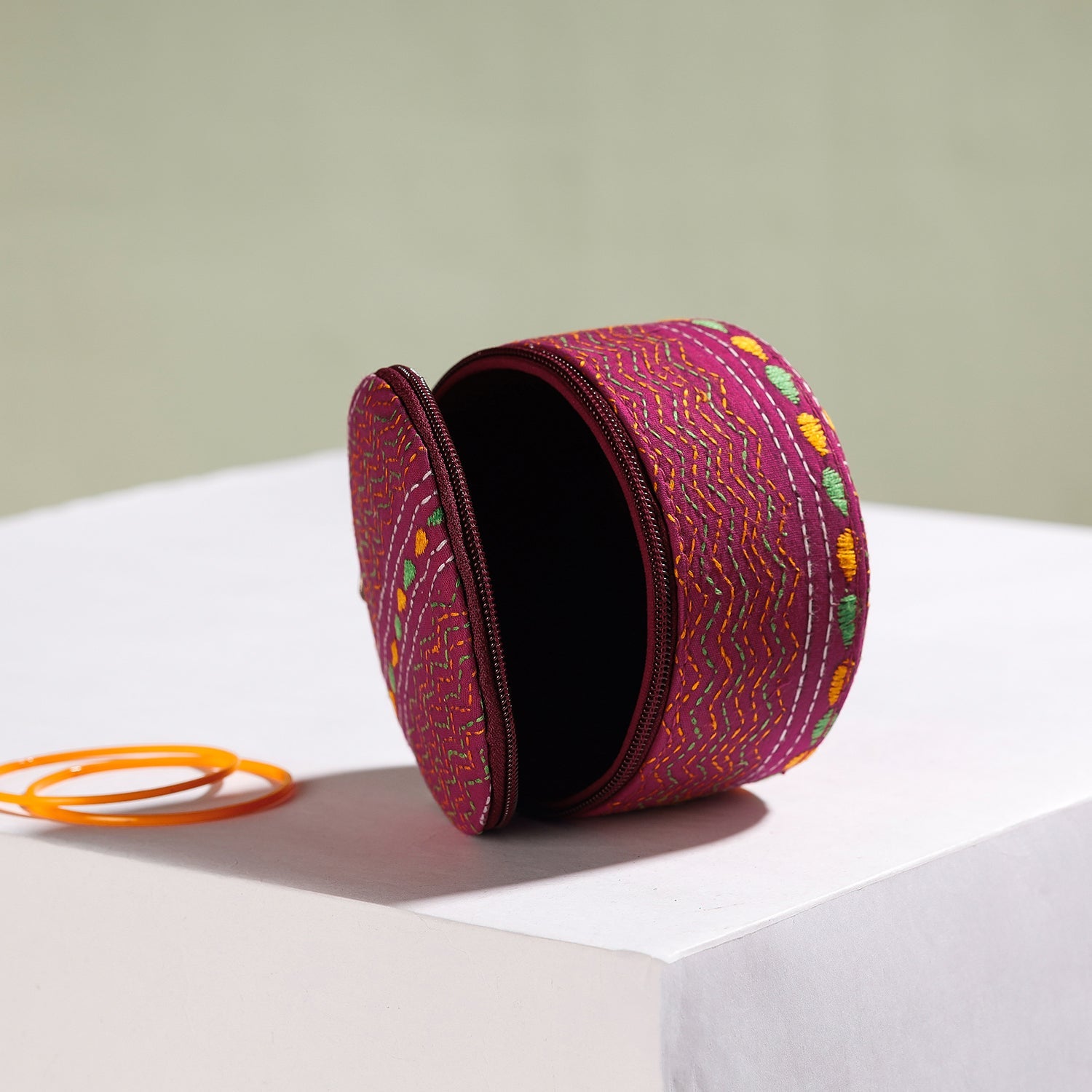  Bengal Kantha Work Handcrafted Round Pink Utility Box