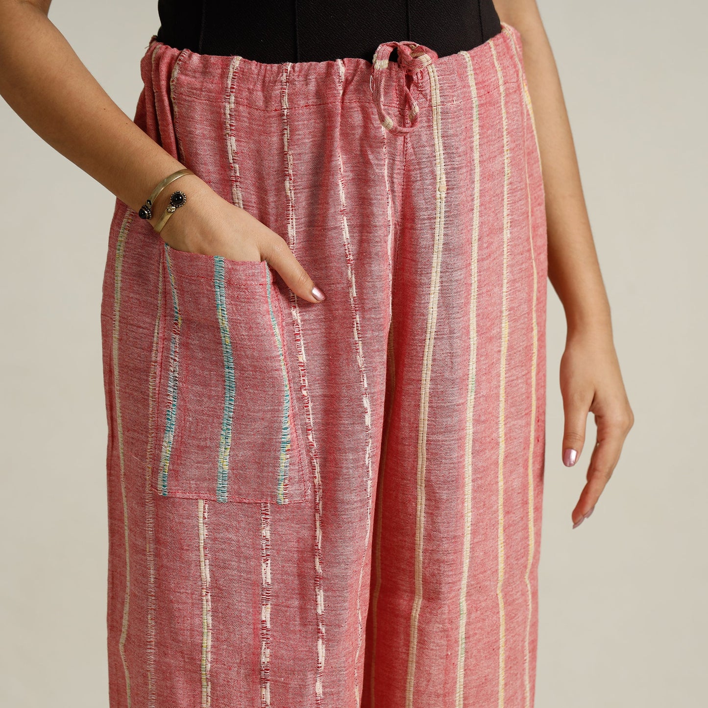 Pink Bengal Khesh Weaving Cotton Kantha Embroidery Palazzo