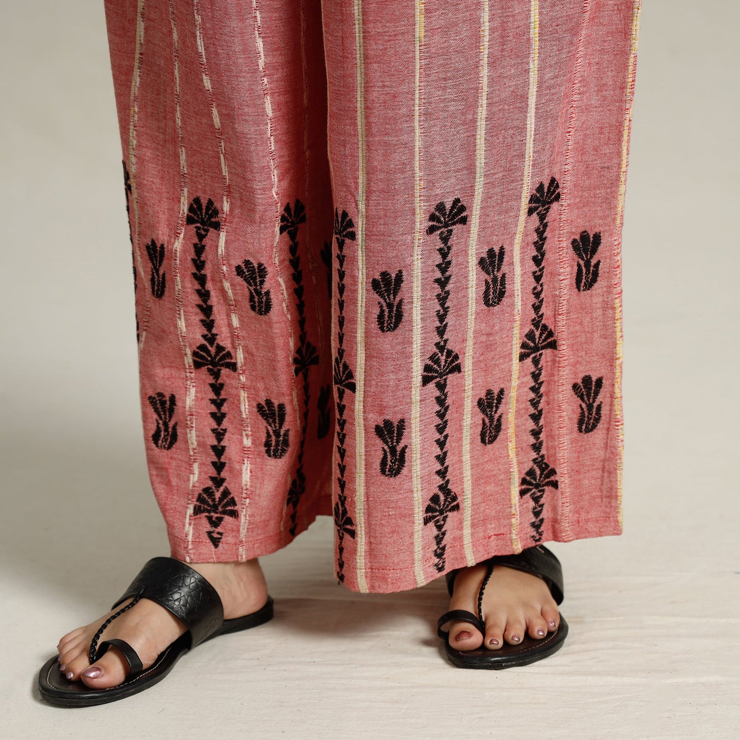 Pink Bengal Khesh Weaving Cotton Kantha Embroidery Palazzo