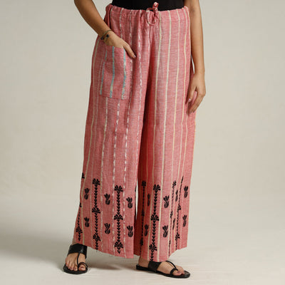 Pink Bengal Khesh Weaving Cotton Kantha Embroidery Palazzo