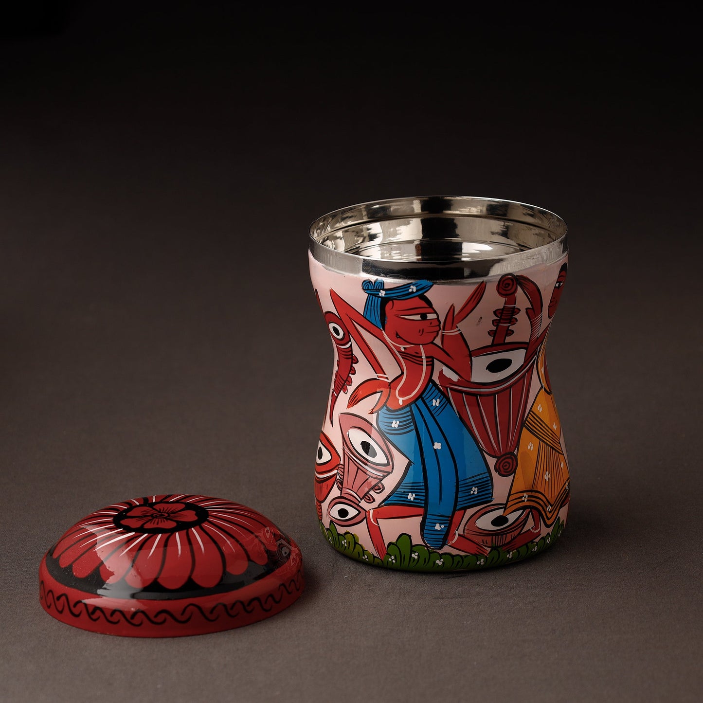 Multicolor Bengal Patua Handpainted Stainless Steel Multi Utility Canister
