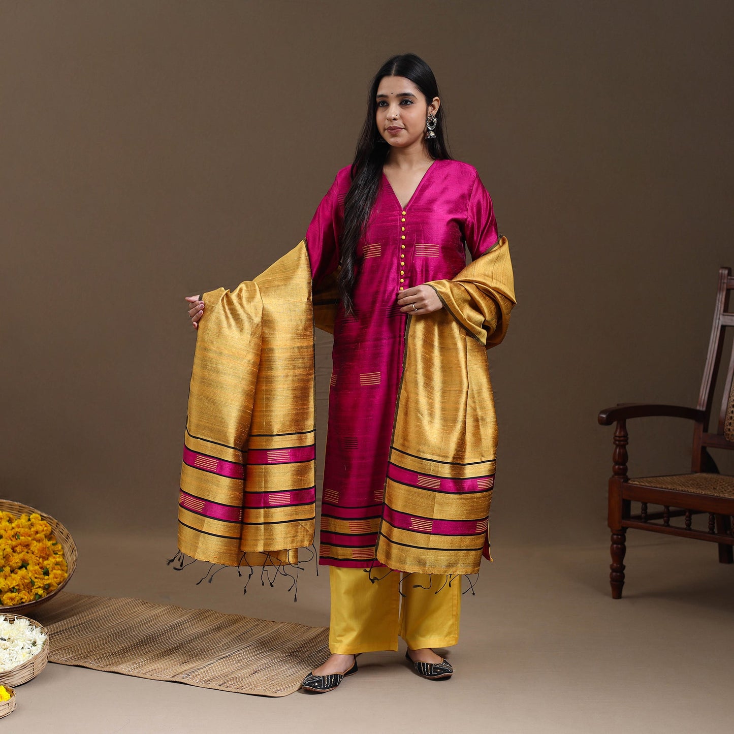 Pink Bhagalpuri Handloom Tussar Silk Suit Set