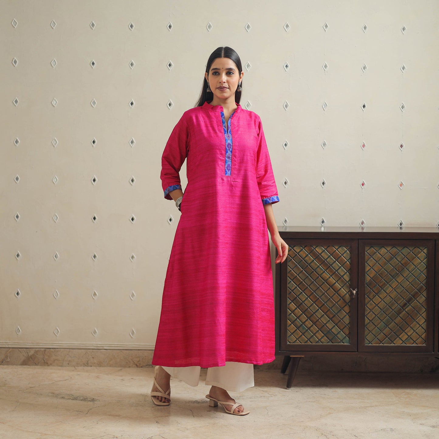 Pink Bhagalpuri Handwoven Desi Tussar Silk Plain Kurta for Women