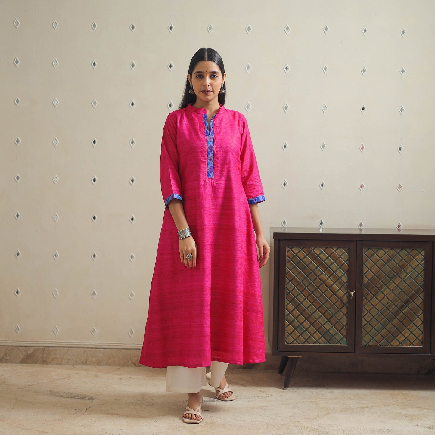 Pink Bhagalpuri Handwoven Desi Tussar Silk Plain Kurta for Women
