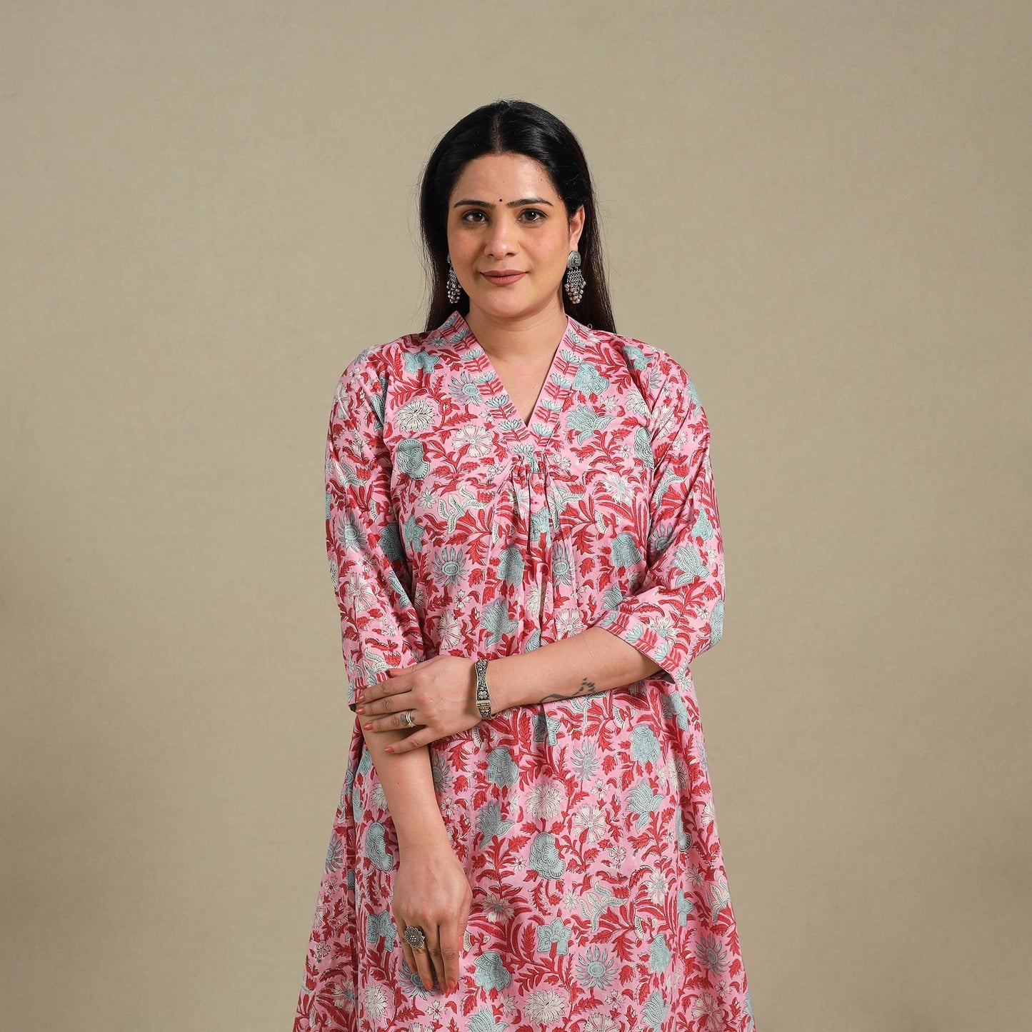 Pink - cotton a-line sanganeri kurta 03 - handcrafted