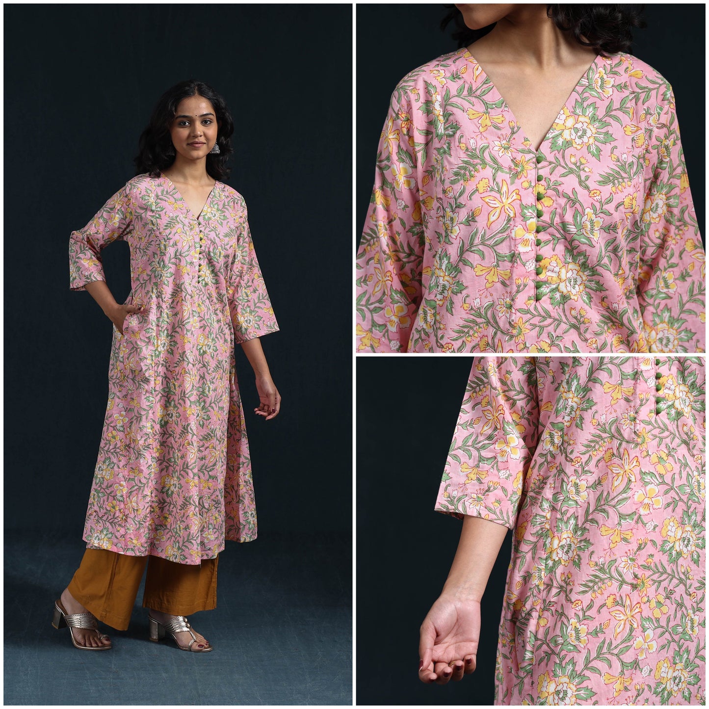 Pink - cotton a-line sanganeri kurta 18 - handcrafted