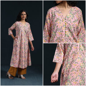 Pink - cotton a-line sanganeri kurta 18 - handcrafted