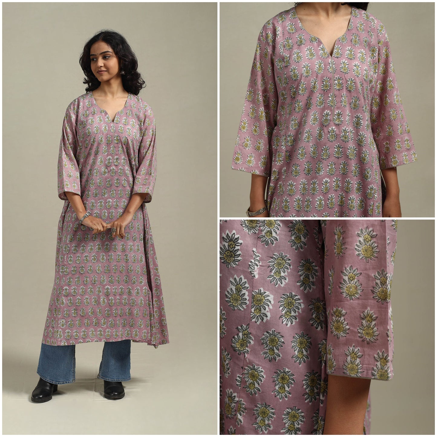 Pink - cotton a-line sanganeri kurta 20 - handcrafted