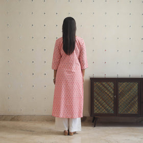 Pink Block Print Cotton A-Line Sanganeri Kurta 