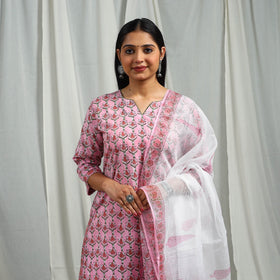Pink Block Print Cotton Sanganeri Kurta Set