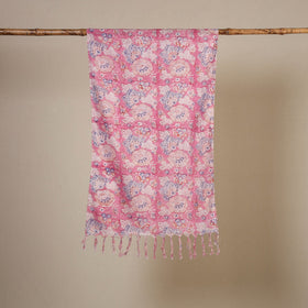 Pink Block Print Cotton Sanganeri Stole with Tassels