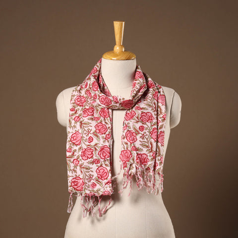 Pink - cotton sanganeri stole with tassels 11 - handcrafted