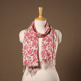 Pink - cotton sanganeri stole with tassels 11 - handcrafted