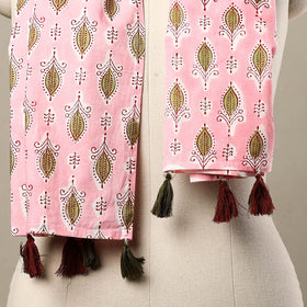 Buy Block Print Cotton Pink Sanganeri Stole with Tassels