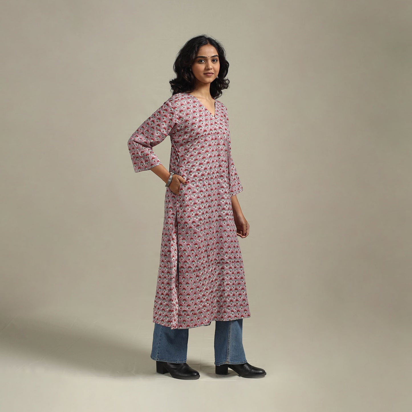Pink - cotton straight sanganeri kurta 02 - handcrafted