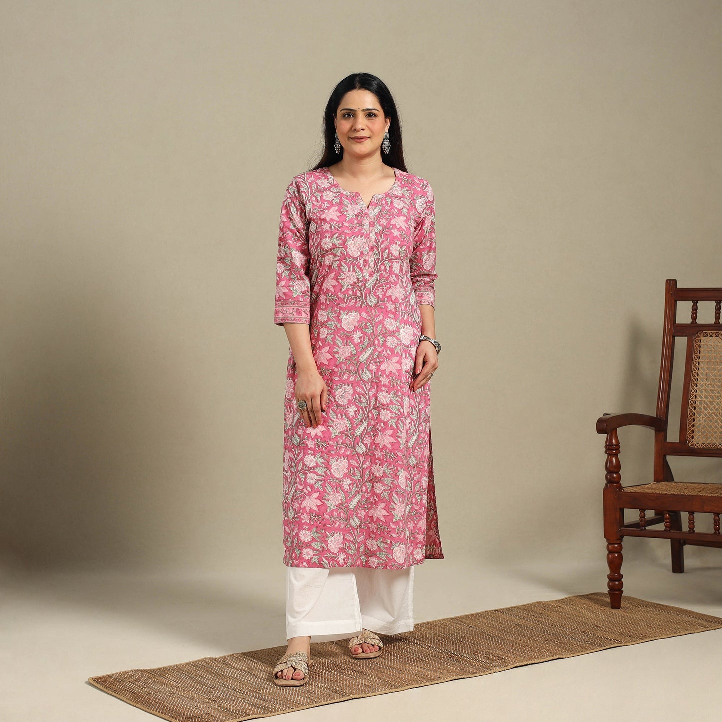 Pink - cotton straight sanganeri kurta 06 - handcrafted