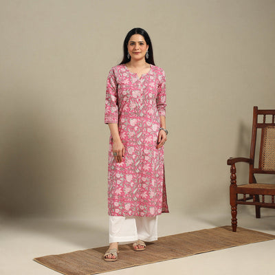 Pink - cotton straight sanganeri kurta 06 - handcrafted