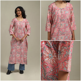 Pink - cotton straight sanganeri kurta - handcrafted