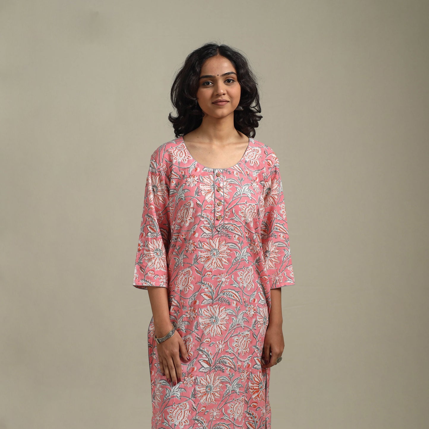 Pink - cotton straight sanganeri kurta - handcrafted