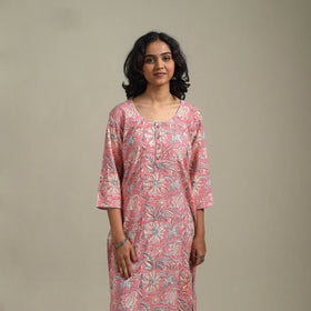 Pink - cotton straight sanganeri kurta - handcrafted